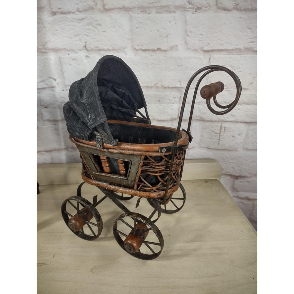 Victorian Wicker Rattan Metal Baby Doll Carriage Stroller Pram Buggy Decor 10"